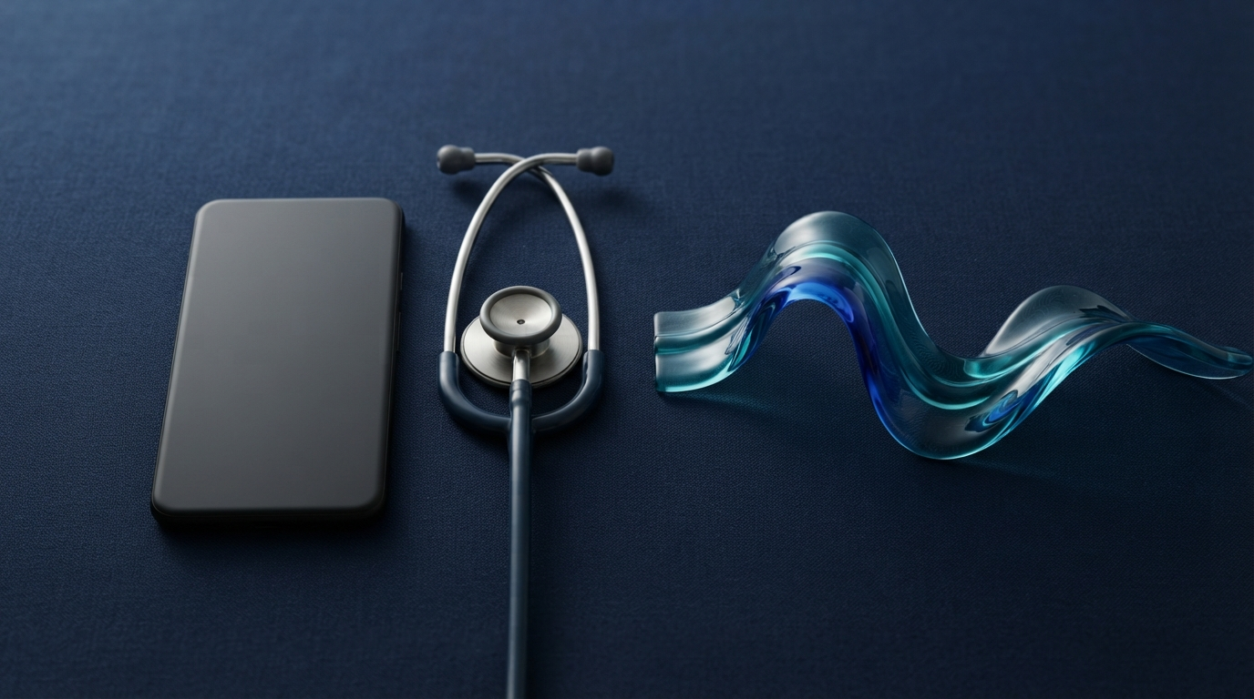 Android phone and stethoscope beside an abstract blue sound wave