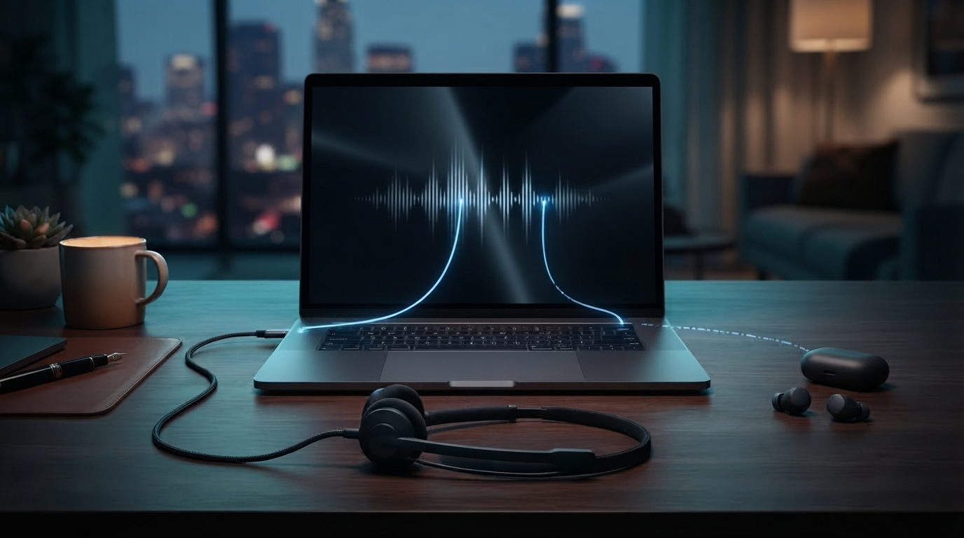 Wired USB headset, wireless earbuds, and laptop arranged for a dictation microphone comparison
