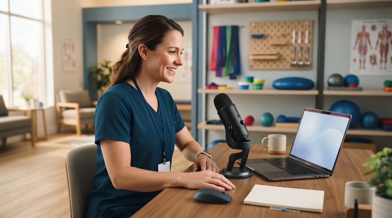 Occupational therapist using controlled voice dictation at a clinic desk with therapy equipment in the background