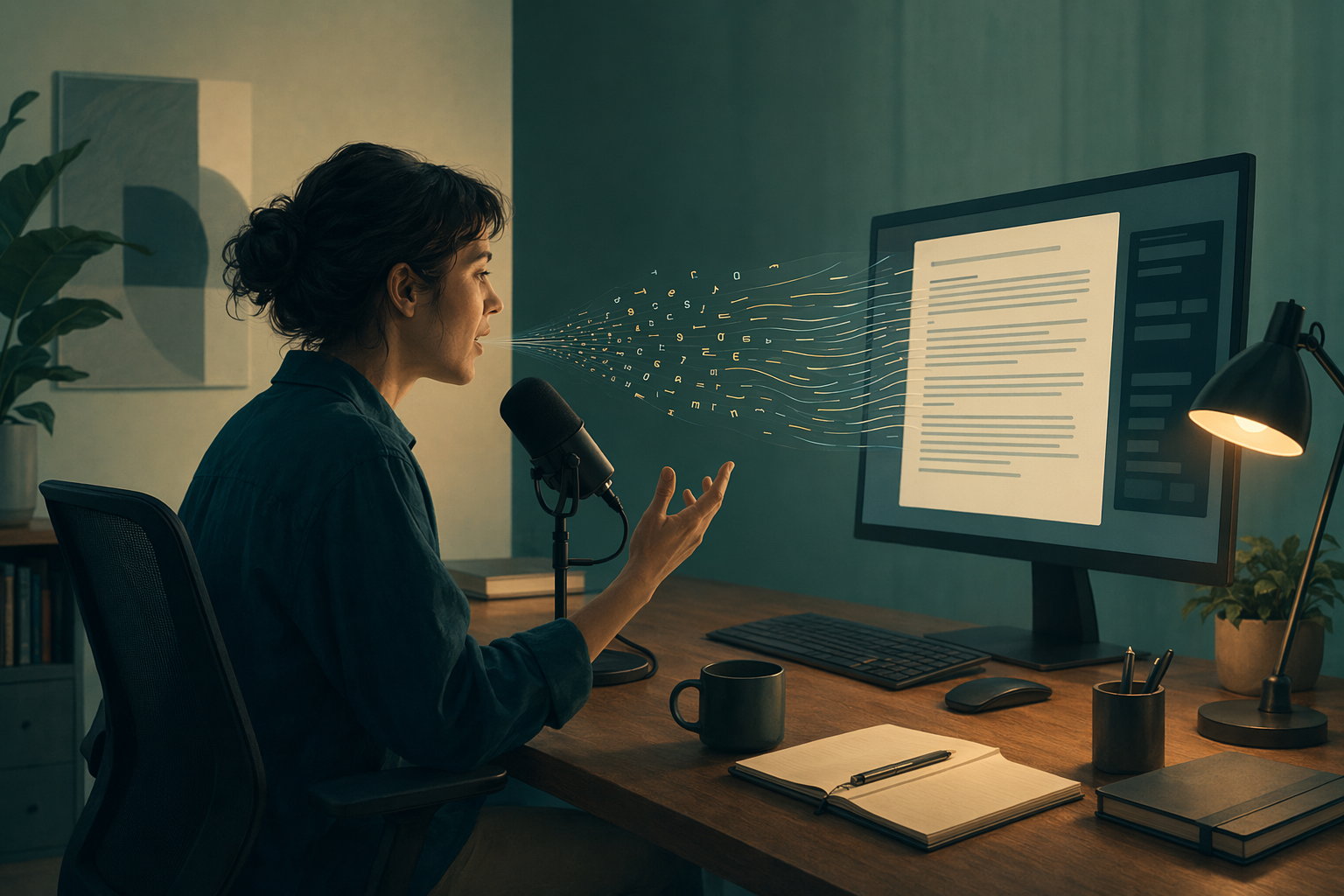 Person dictating into a desktop app while text appears on screen, showing real-time dictation vs meeting transcription