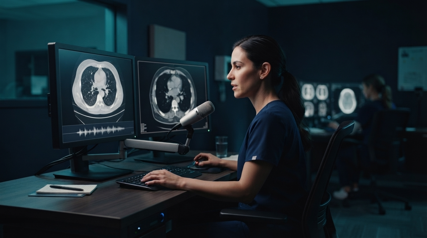 Radiologist using a microphone while reviewing CT images in a modern reading room