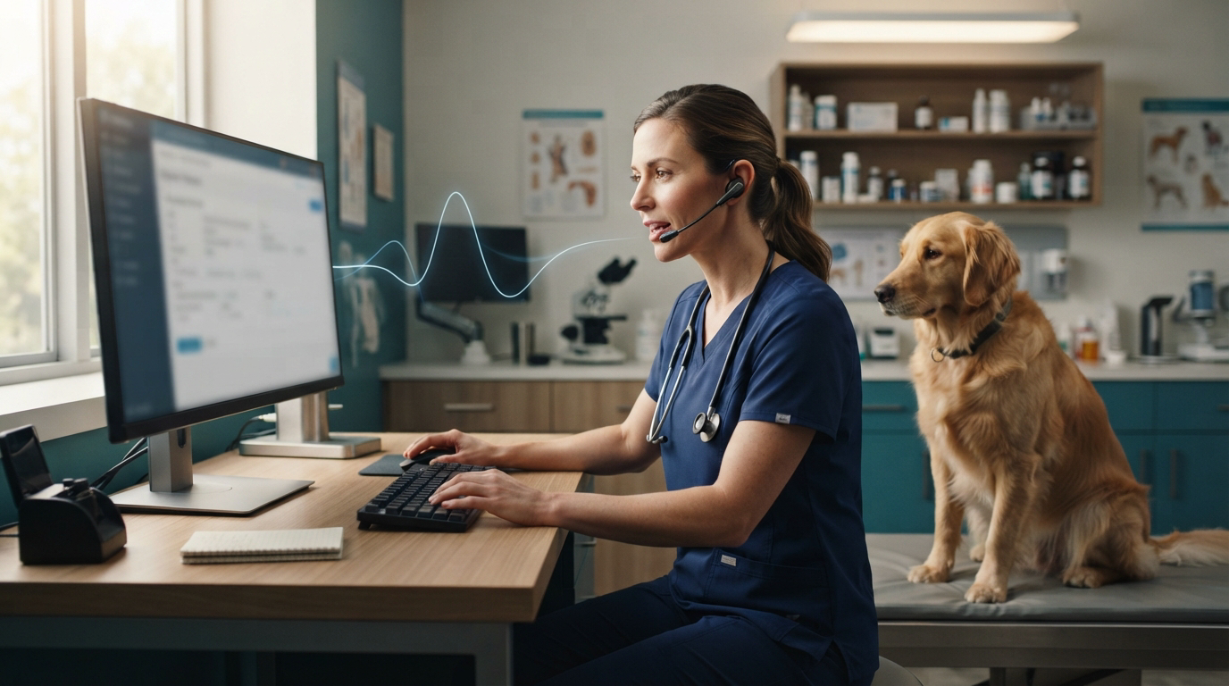 Veterinarian using controlled voice dictation at a clinic workstation beside a golden retriever
