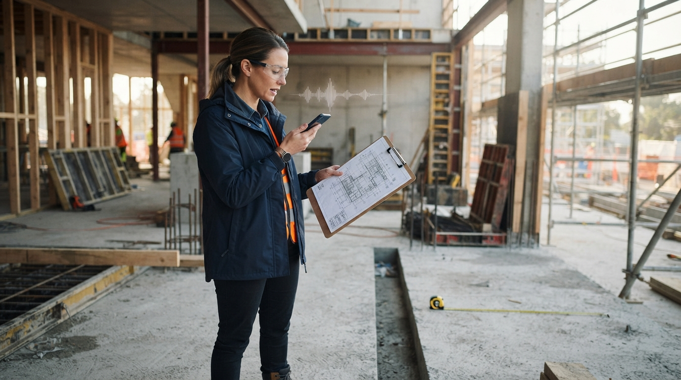Architect dictating a field note while reviewing plans on a construction site