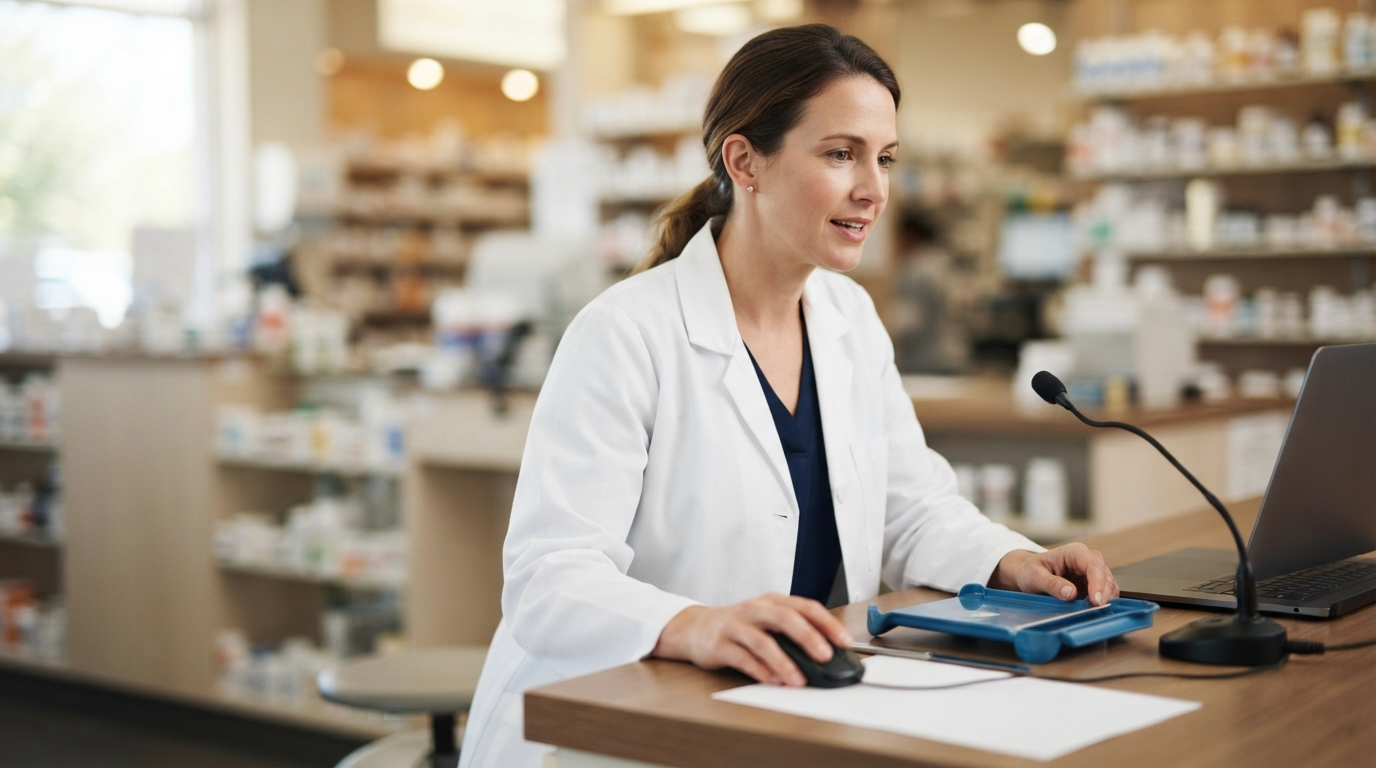 Pharmacist using voice dictation at a pharmacy workstation