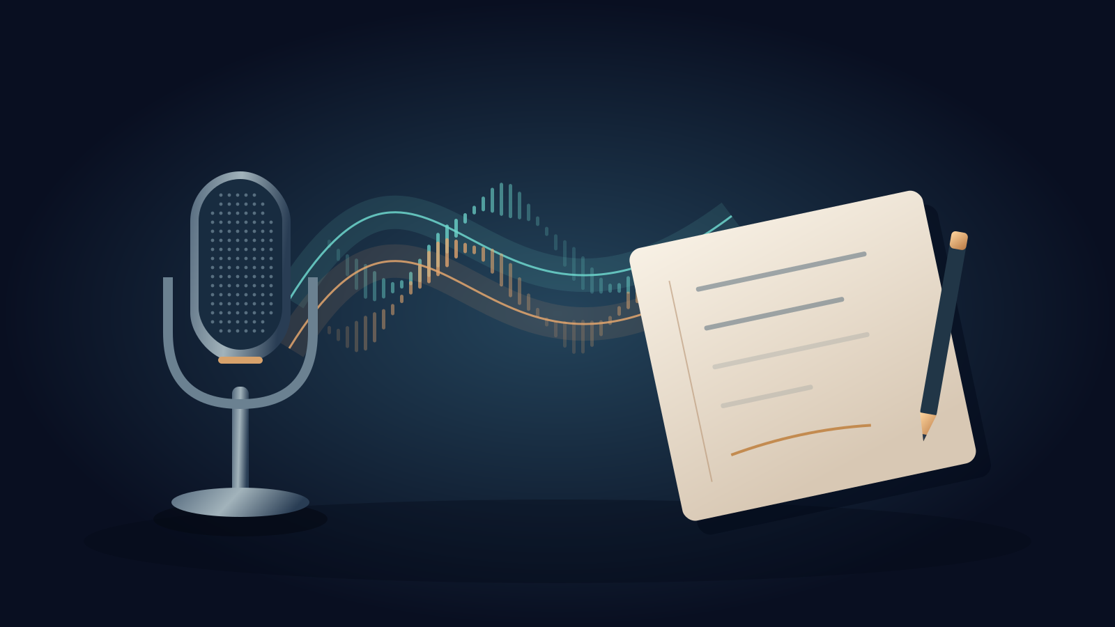 Original illustration of teal and amber sound waves moving from a studio microphone toward a paper note and pencil