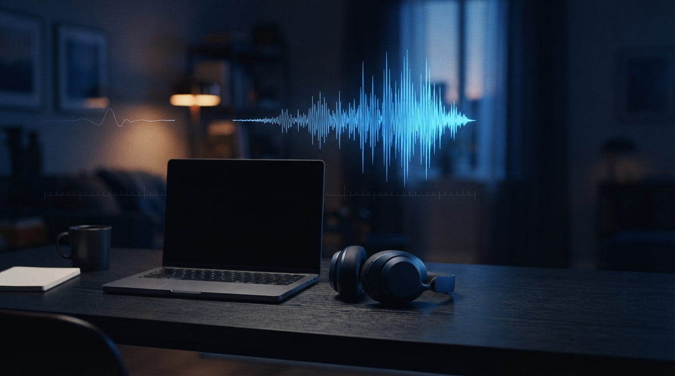 Laptop, wireless headset, and a waveform showing first-word dictation delay