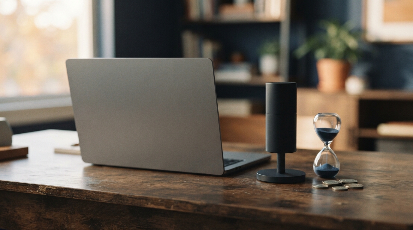 Unbranded laptop and microphone beside an hourglass and coins