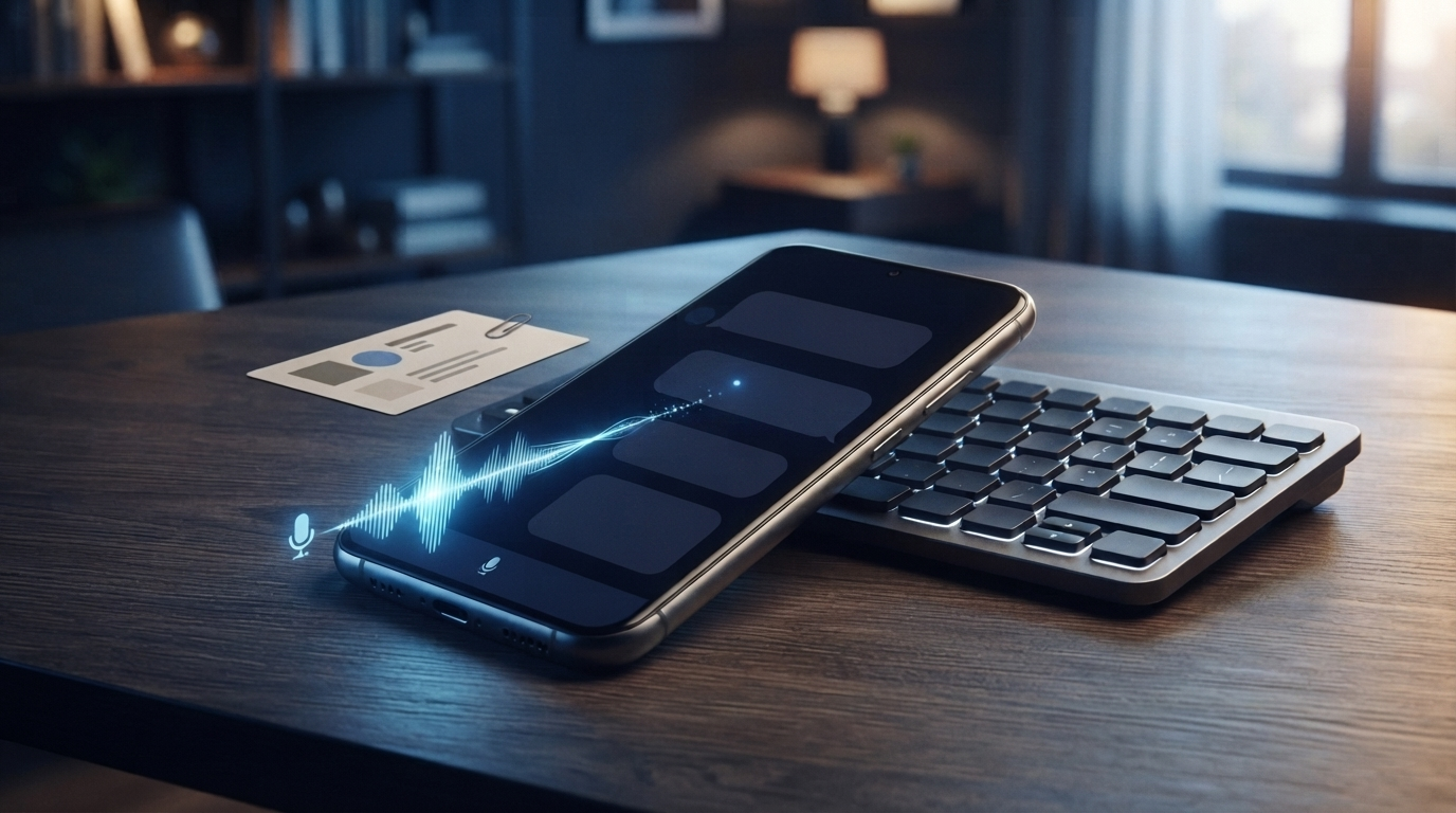 Unbranded smartphone showing abstract voice messages beside a blank physical keyboard
