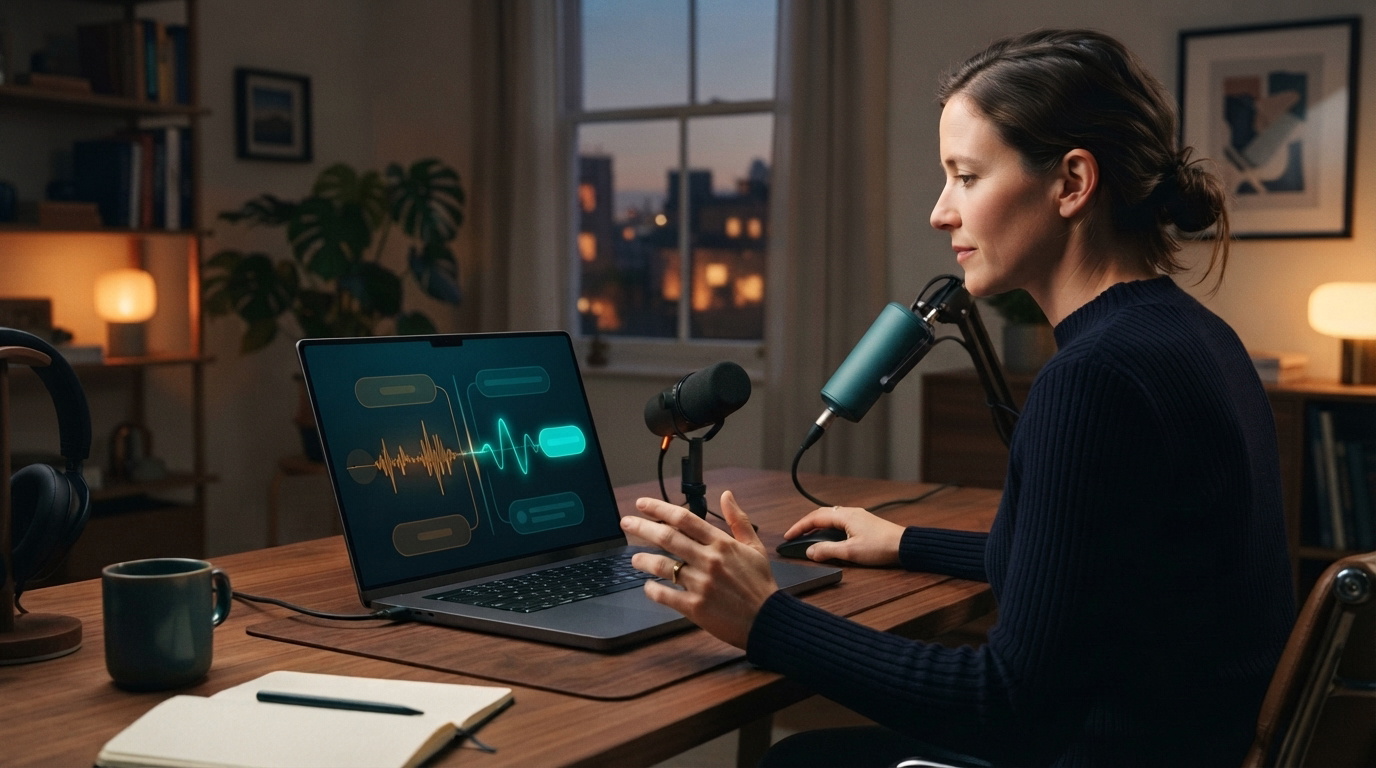 Person troubleshooting voice dictation microphone inputs on a laptop