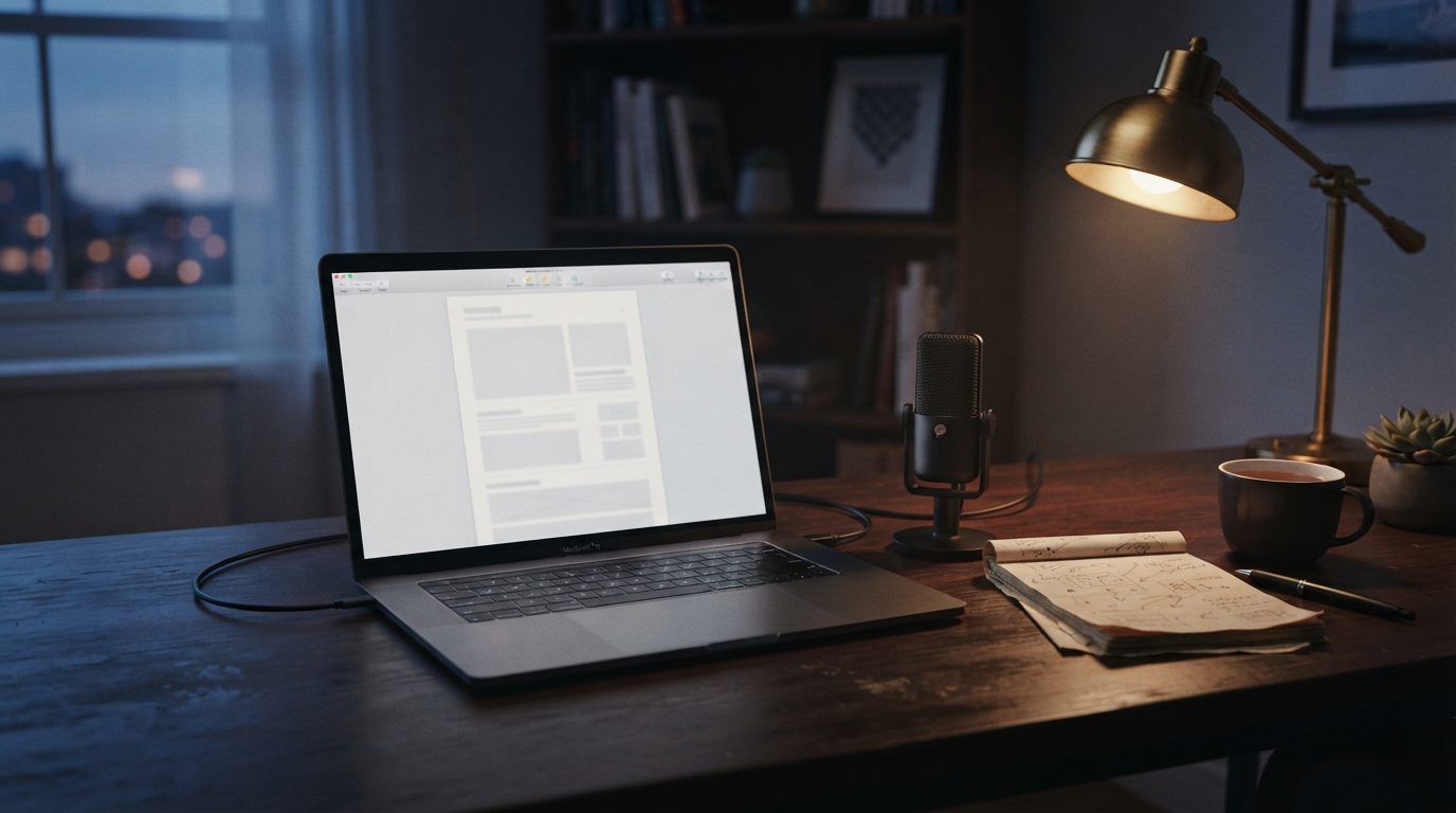 An unbranded editorial workspace scene