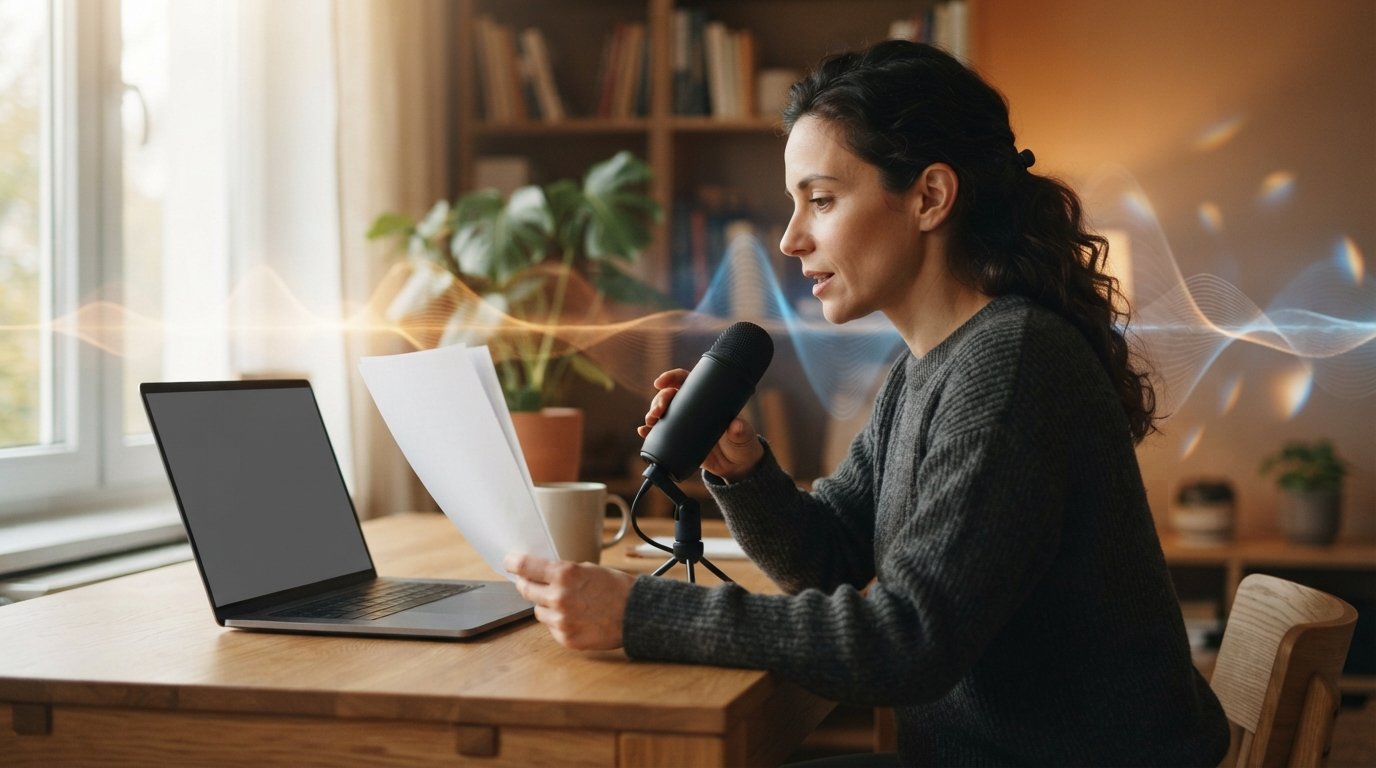A professional reviewing spoken notes beside a microphone