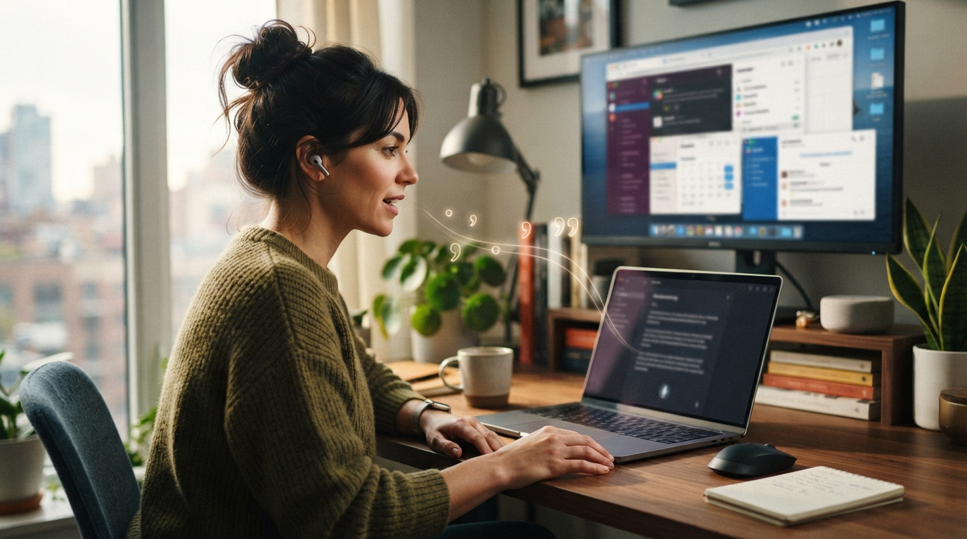 A professional dictating into a browser-based writing workflow while punctuation appears cleanly across multiple tabs and apps