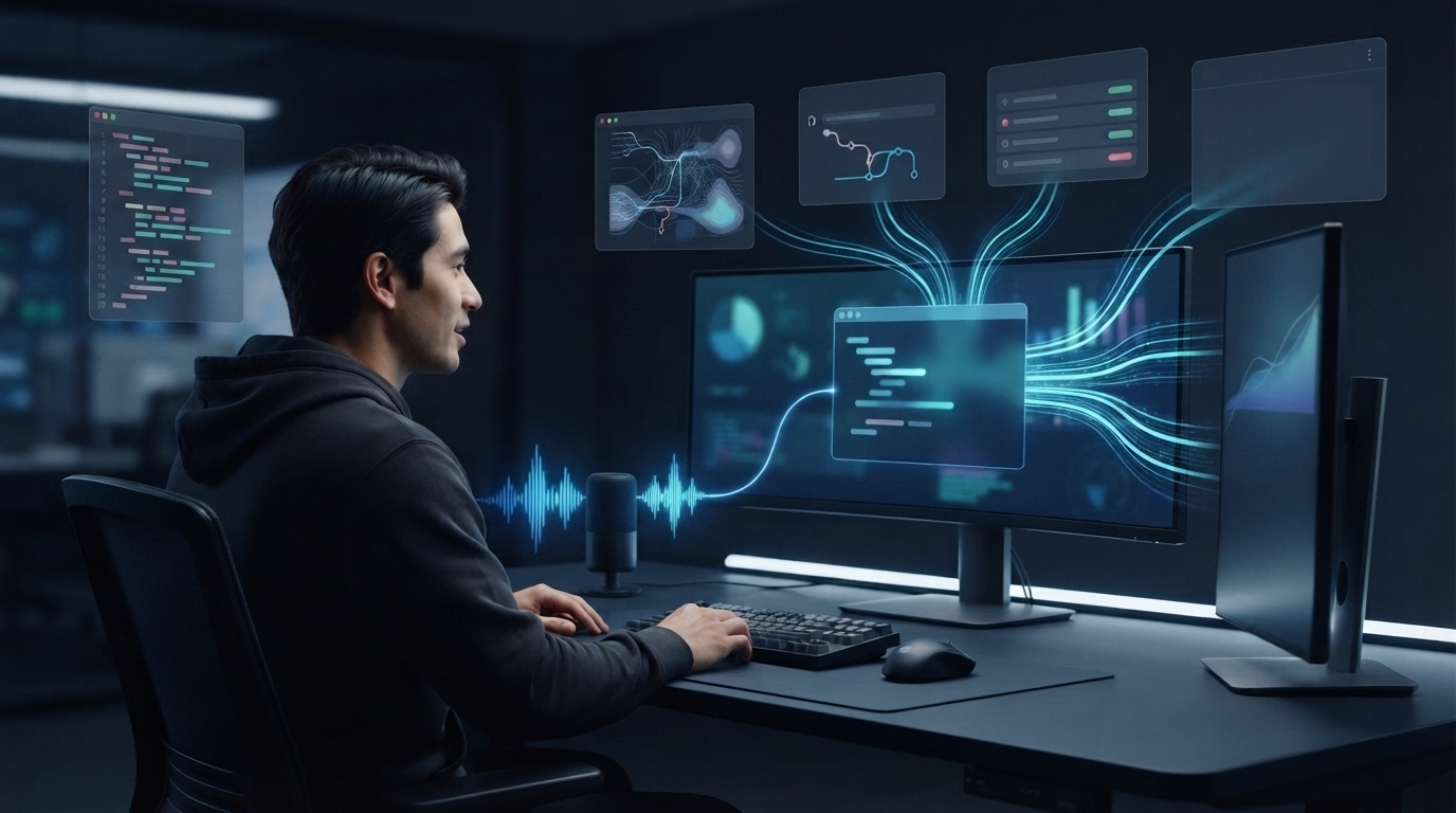 Developer using voice dictation as a waveform flows from a terminal into several abstract work apps