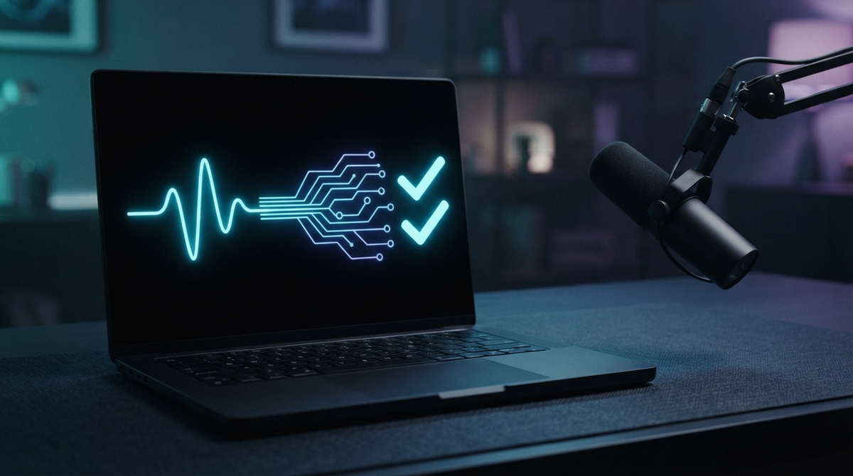 Microphone sending a voice waveform through a branched coding workflow to verified results