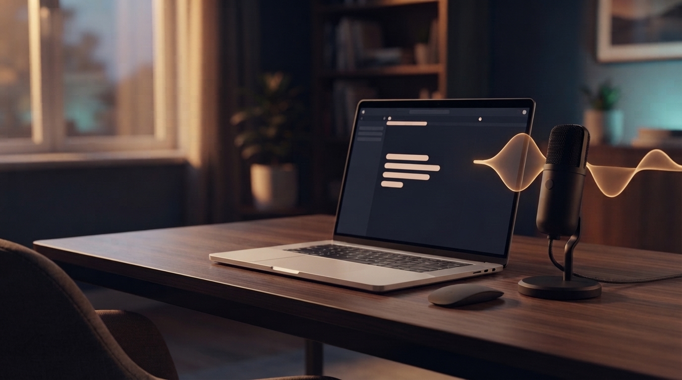 Conceptual microphone and laptop with an amber waveform waiting to become editable text