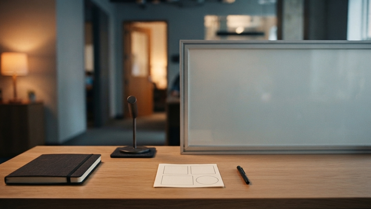 An isolated abstract practice form beside a microphone and glass desk boundary