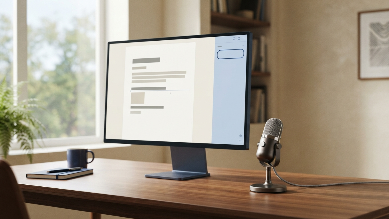 An unbranded desktop microphone beside a document editor with a separate blue instruction sidebar