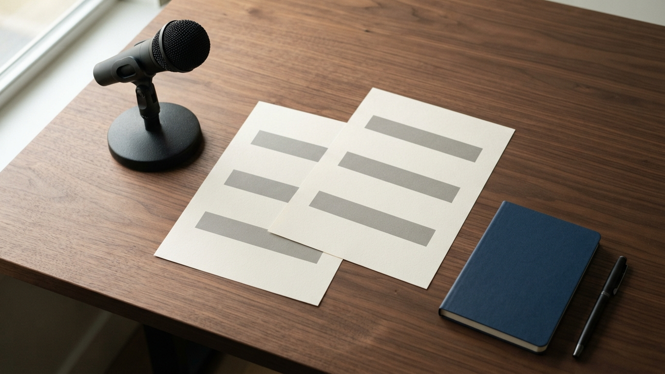 An unbranded microphone beside two flat paper drafts marked with abstract geometric bars