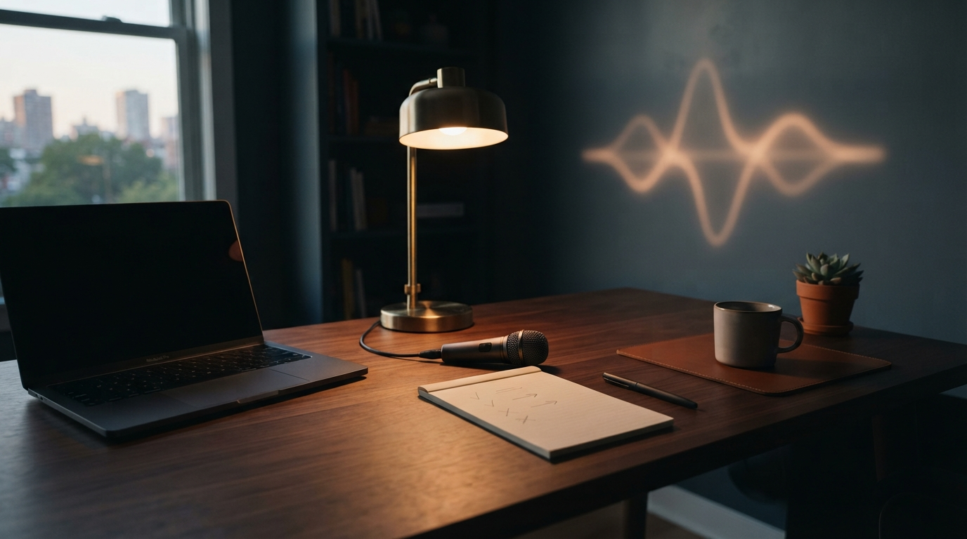 Editorial desk with a microphone, notebook, and abstract sound wave