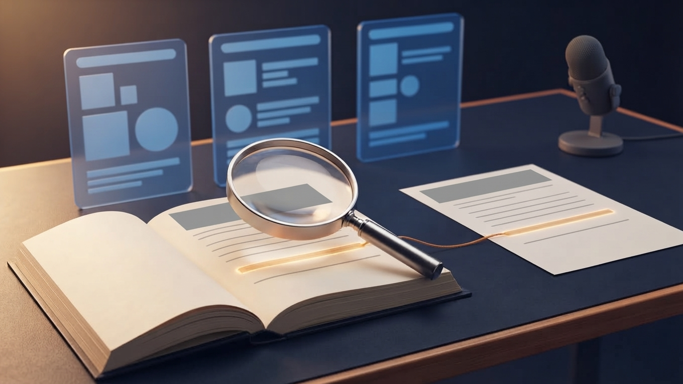 Magnifying glass over an abstract source page, with an amber line tracing evidence to a separate draft