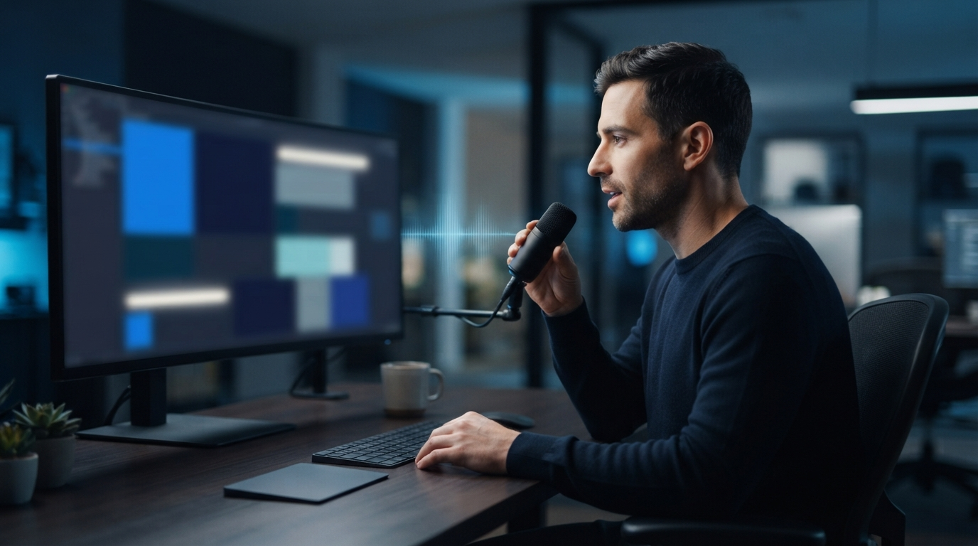 Developer using a microphone for voice input at an abstract code workstation