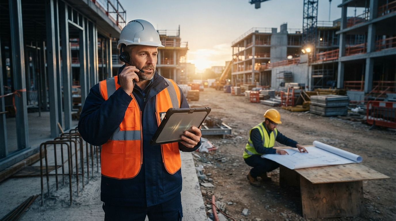 Construction superintendent using voice dictation and a tablet while another worker reviews plans on an active jobsite