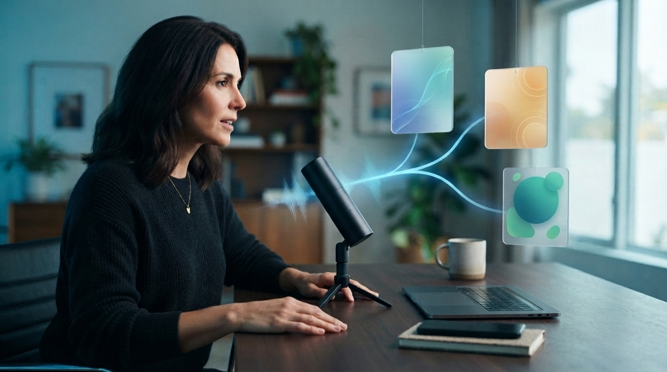 Professional speaking into a microphone as one voice branches into several abstract work contexts