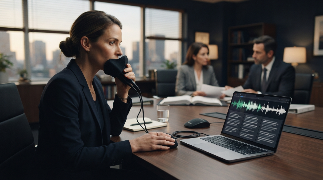 Court reporter using a stenomask and on-device voice recognition during a legal deposition