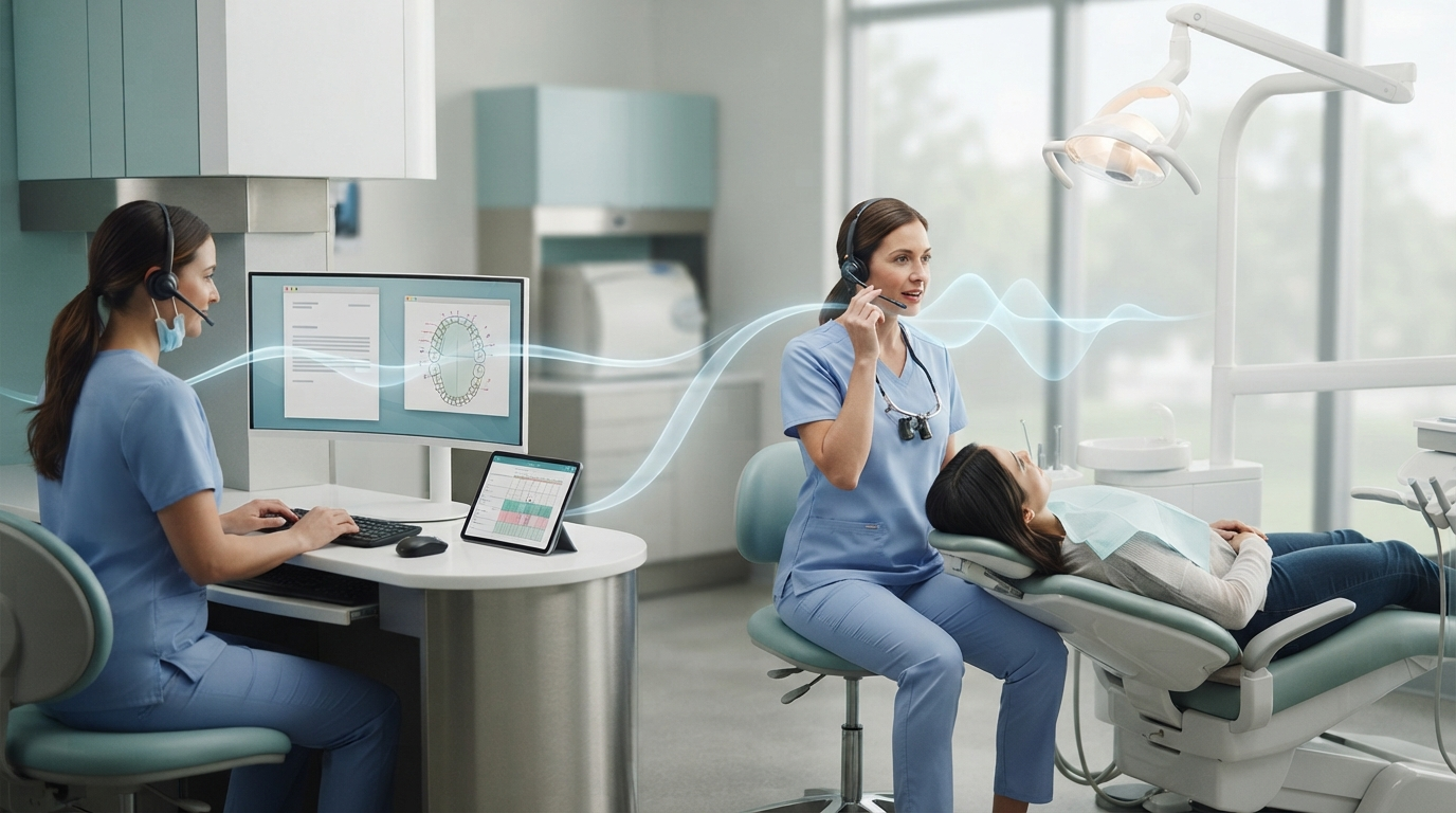 Dentist and hygienist using voice workflows for clinical notes, tooth charting, and periodontal records