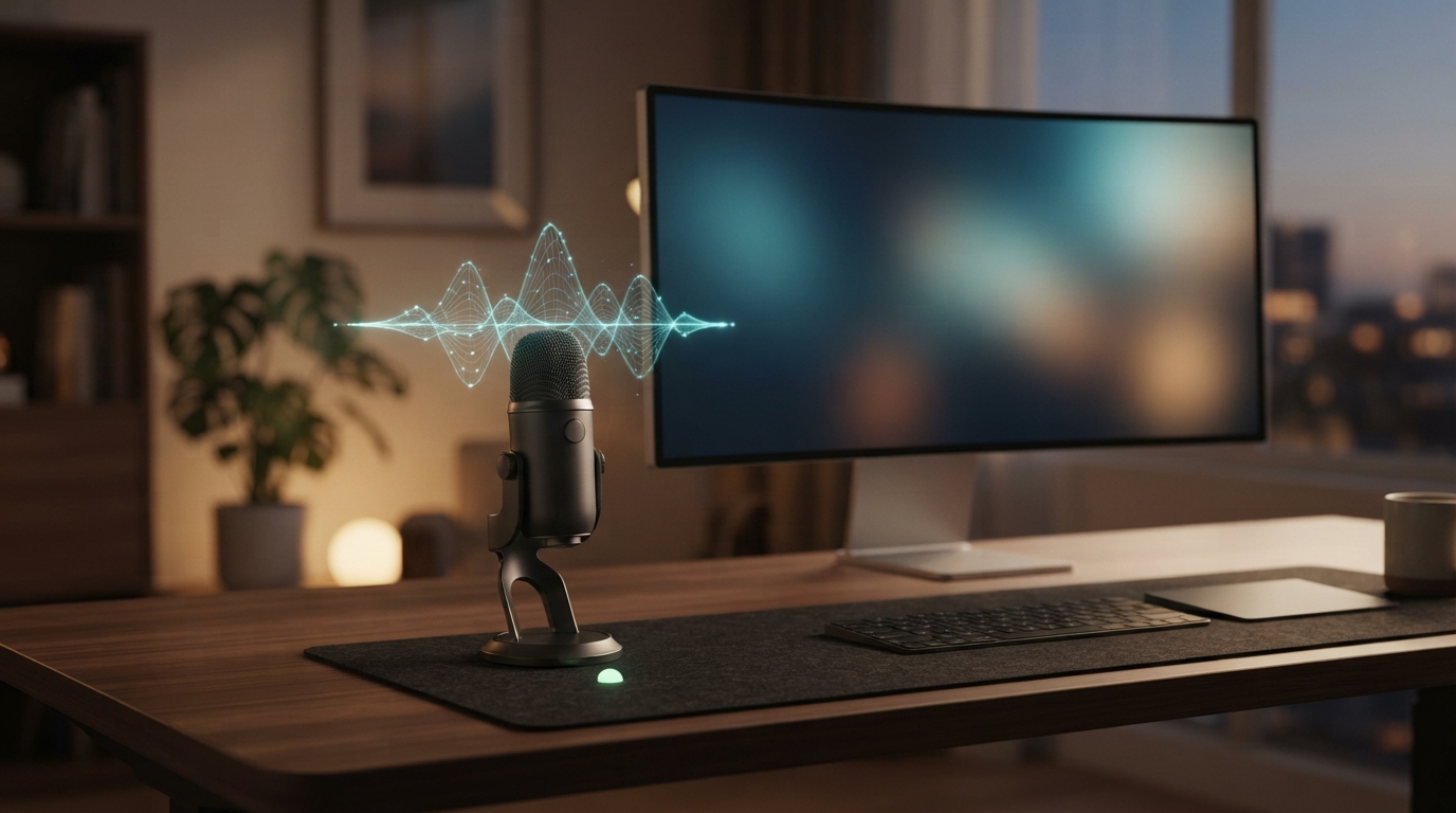 Desktop user checking microphone and accessibility permissions before dictation