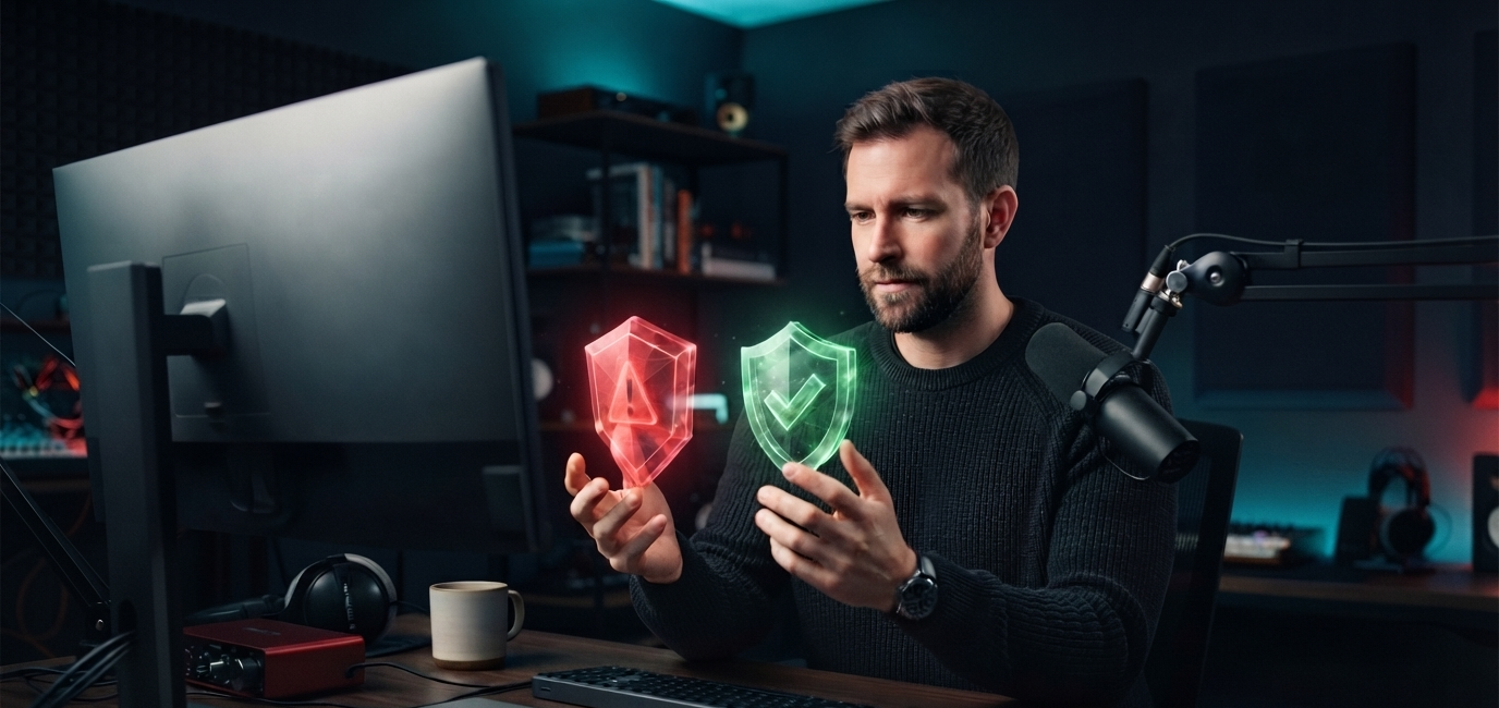 Person comparing a red security warning with a green verified shield beside a dictation microphone