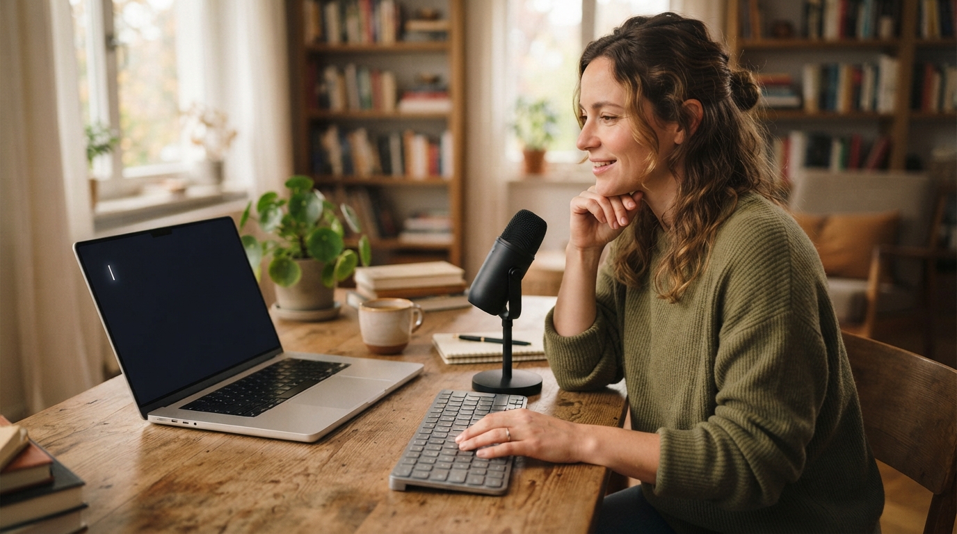 Person using a microphone beside a blank laptop at a home office