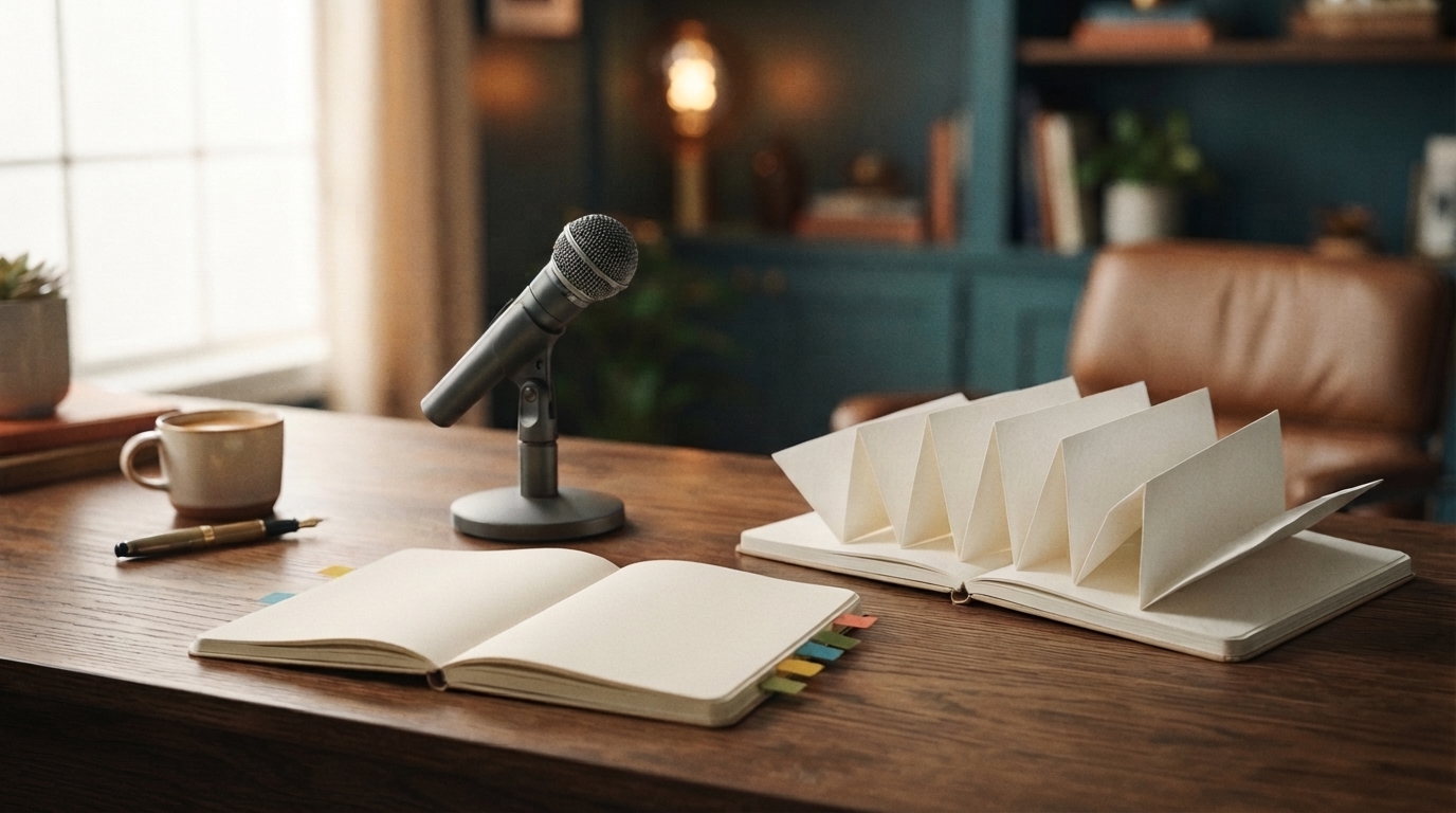 Microphone beside an indexed notebook and folded blank pages, an editorial illustration of vocabulary and text expansion