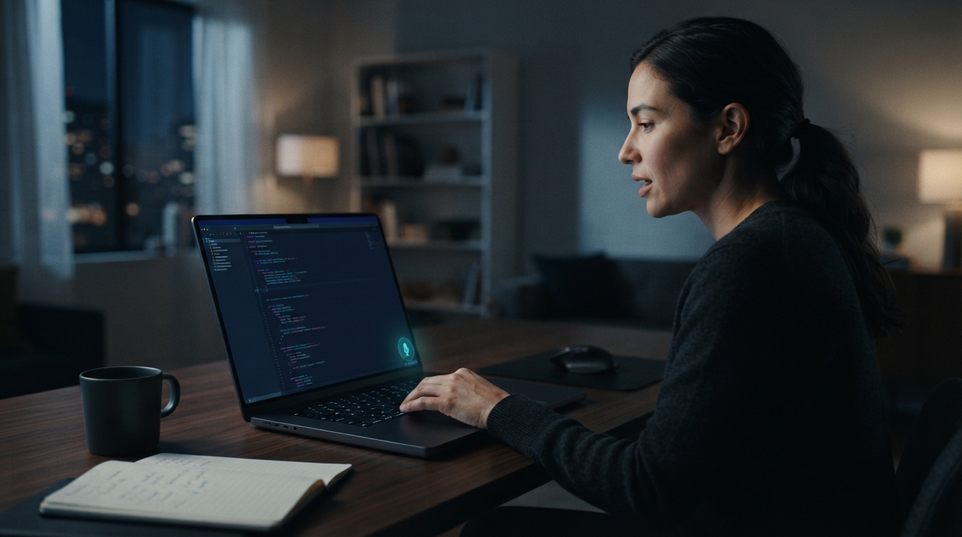 Person dictating into a full-screen code editor with a visible microphone status indicator