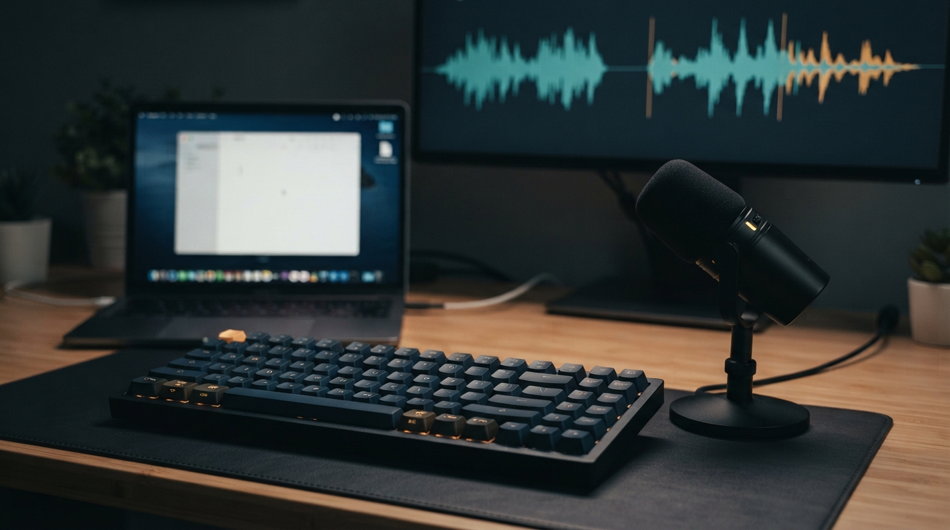 Keyboard and microphone with a broken audio waveform illustrating dictation hotkey troubleshooting