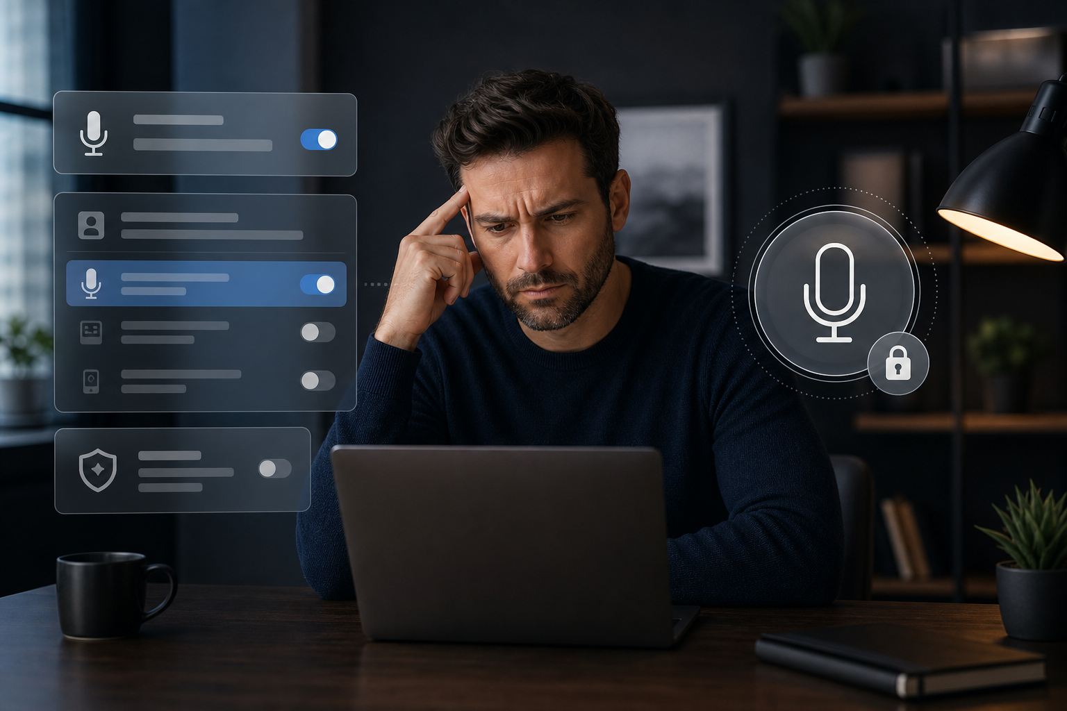 Desktop settings and microphone permission prompt for voice dictation