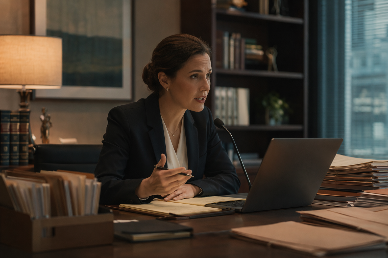 Editorial illustration of a lawyer dictating at a desk
