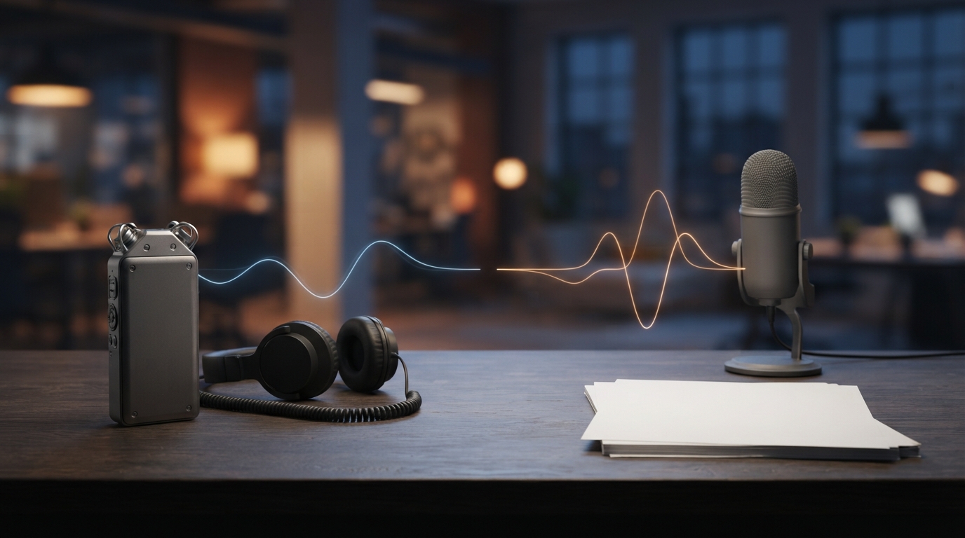 Audio recorder and studio microphone linked by two waveform trails on a newsroom desk