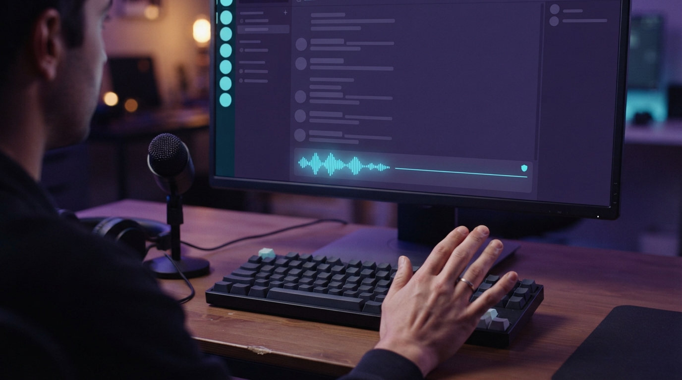 Person dictating an unsent message in a Discord-style community chat while keeping a hand away from the send key