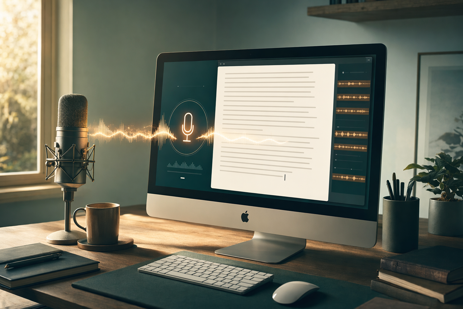 Mac computer with microphone and voice dictation software interface, representing Dragon alternatives for Mac users