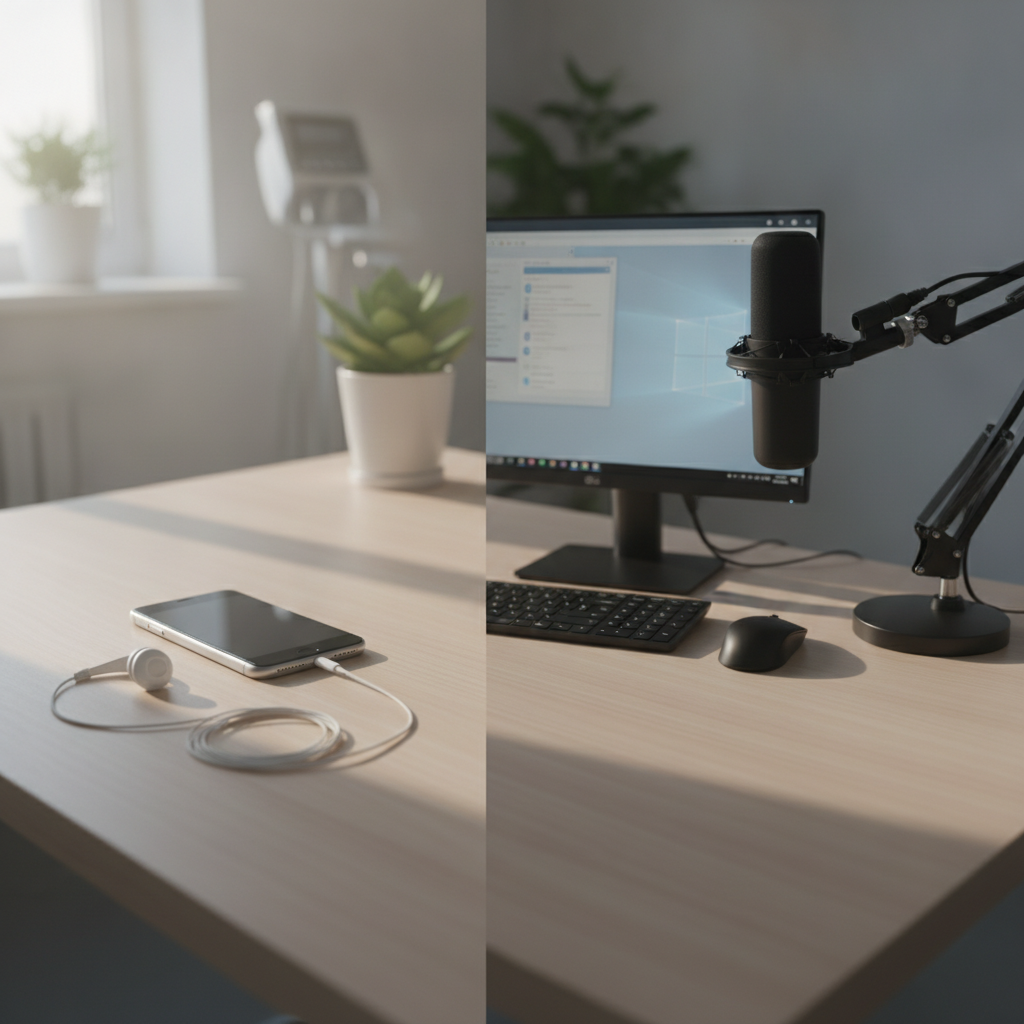 Two clinical dictation workflows compared: an iPhone with a headset and a Windows workstation