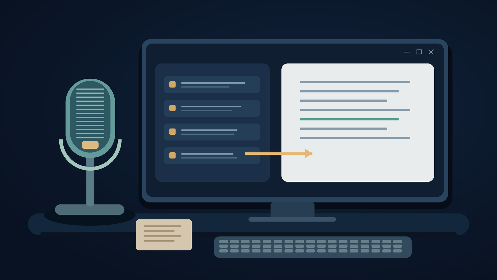 Microphone beside command cards and a document in a Windows-style workspace, original illustration