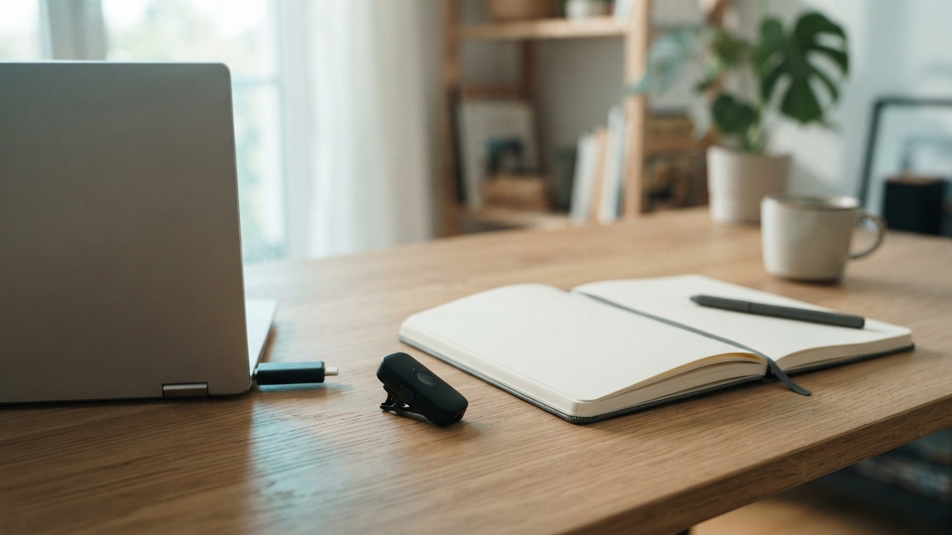 An unbranded clip-on device, receiver and blank notebook beside a laptop