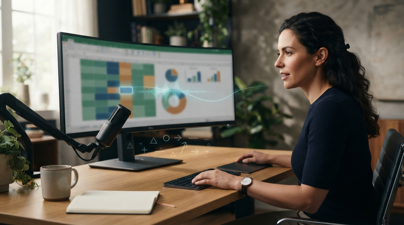 A professional using voice dictation while working in a spreadsheet