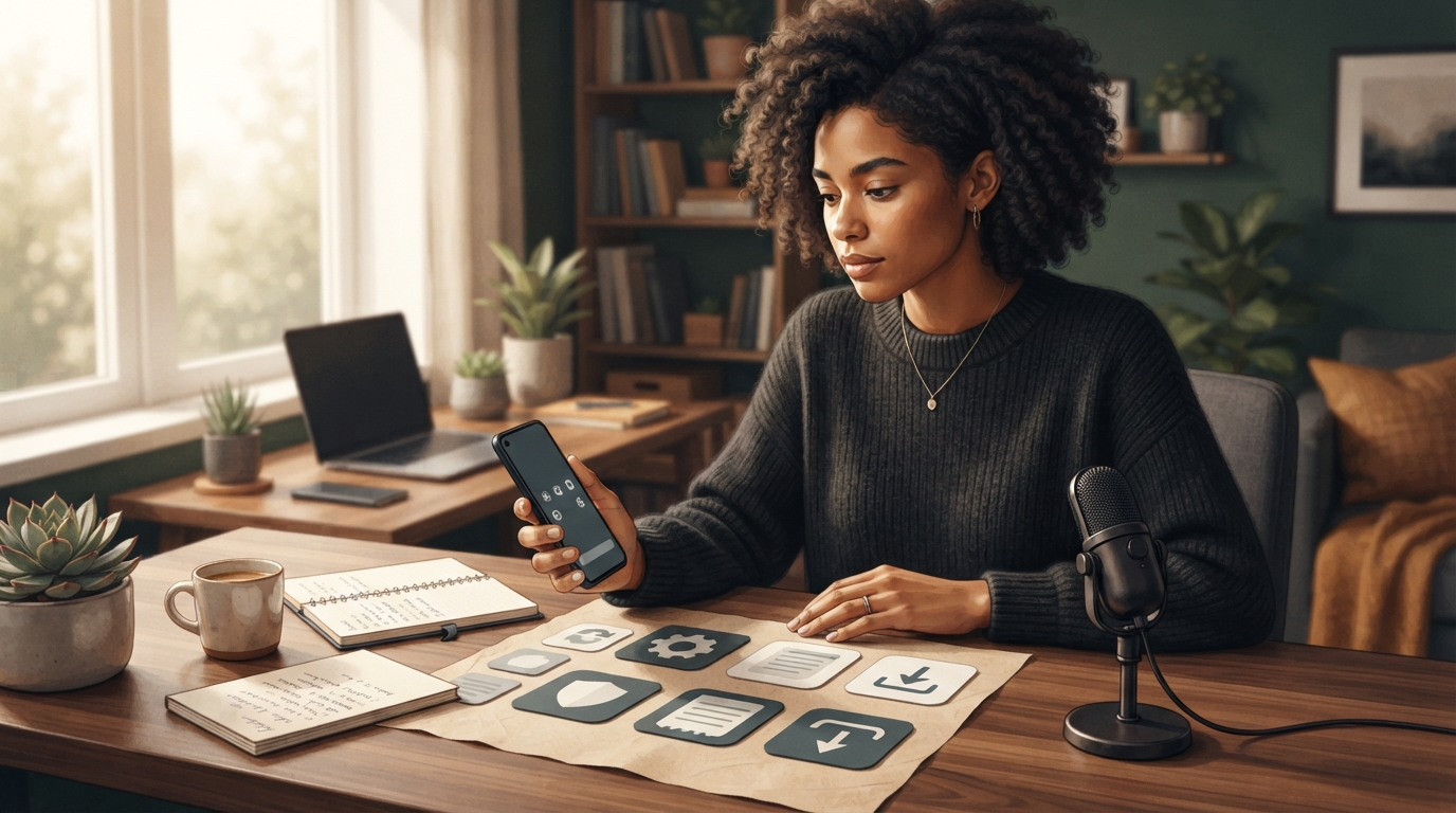 Person comparing practical Android voice tools at a desk with a phone and microphone