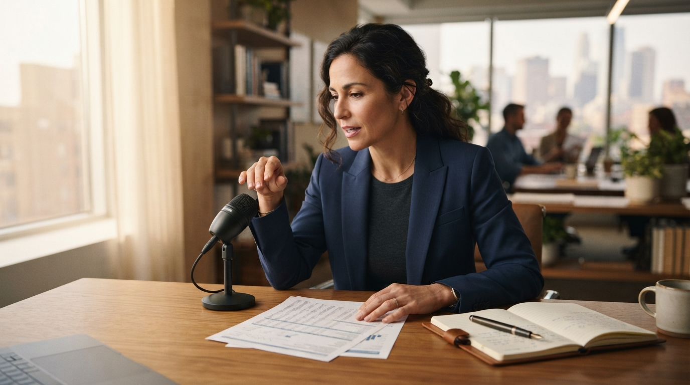 Financial professional reviewing notes beside a microphone