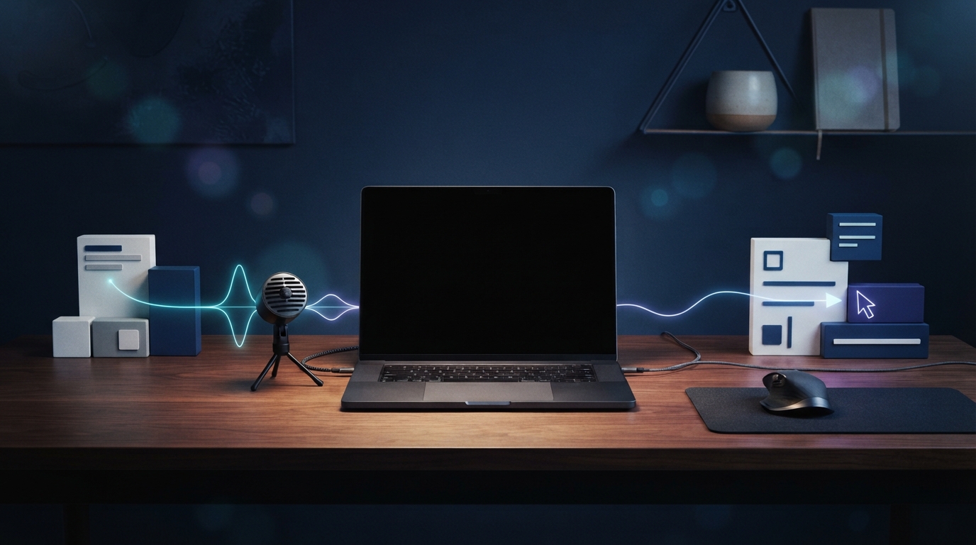 Microphone and glowing waveform connecting meeting notes to everyday desktop dictation fields