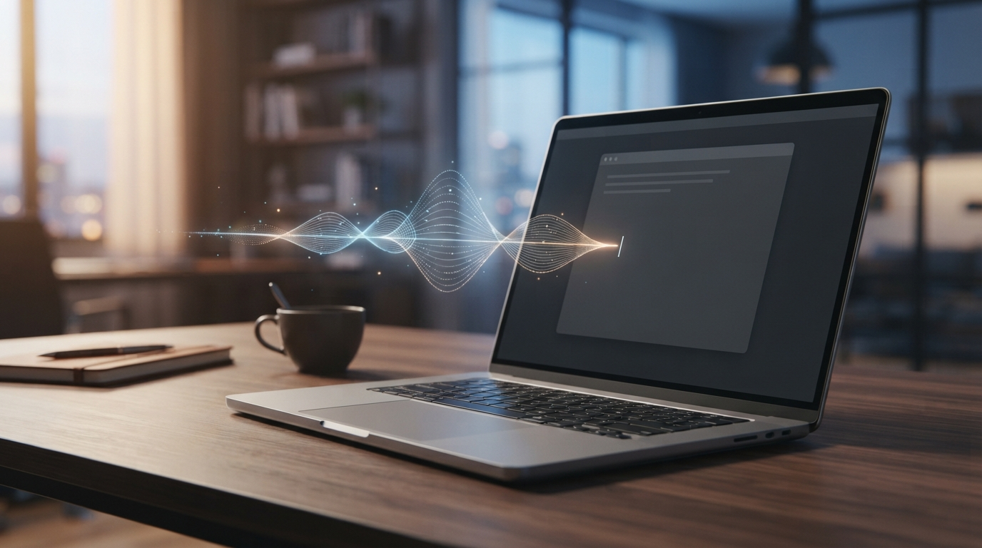 Unbranded laptop receiving a glowing voice waveform at a text cursor