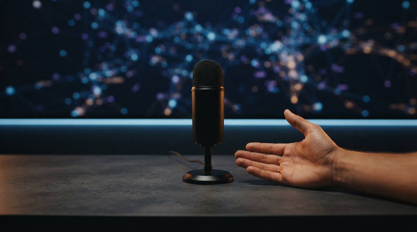 A microphone and open hand beside a visible workflow boundary