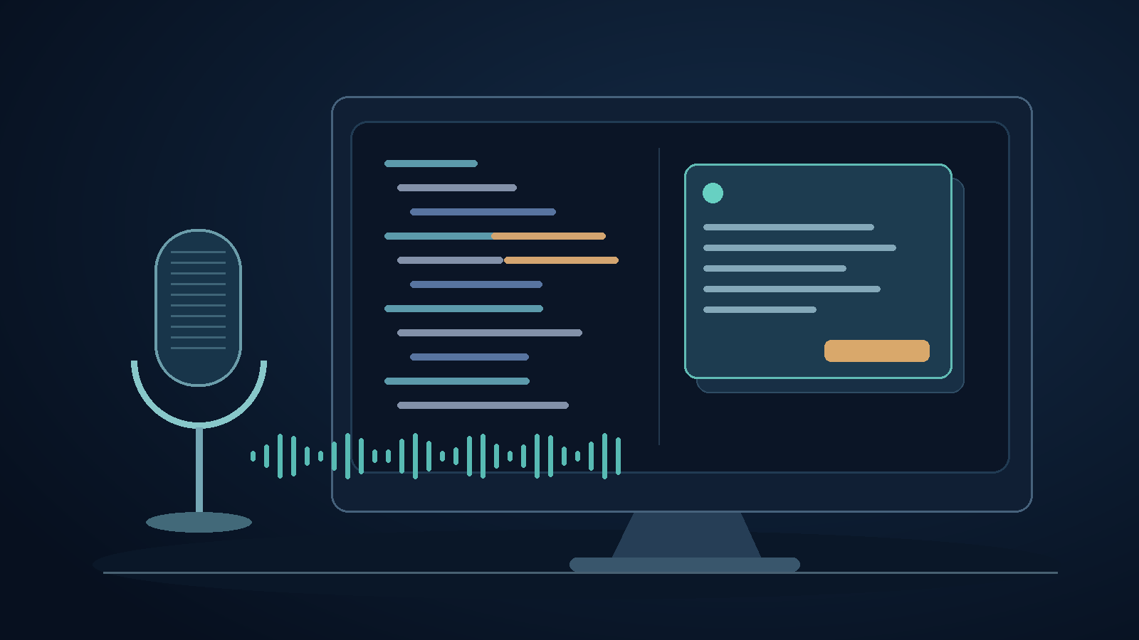 Microphone beside a code diff and a separate pending review draft, original editorial illustration
